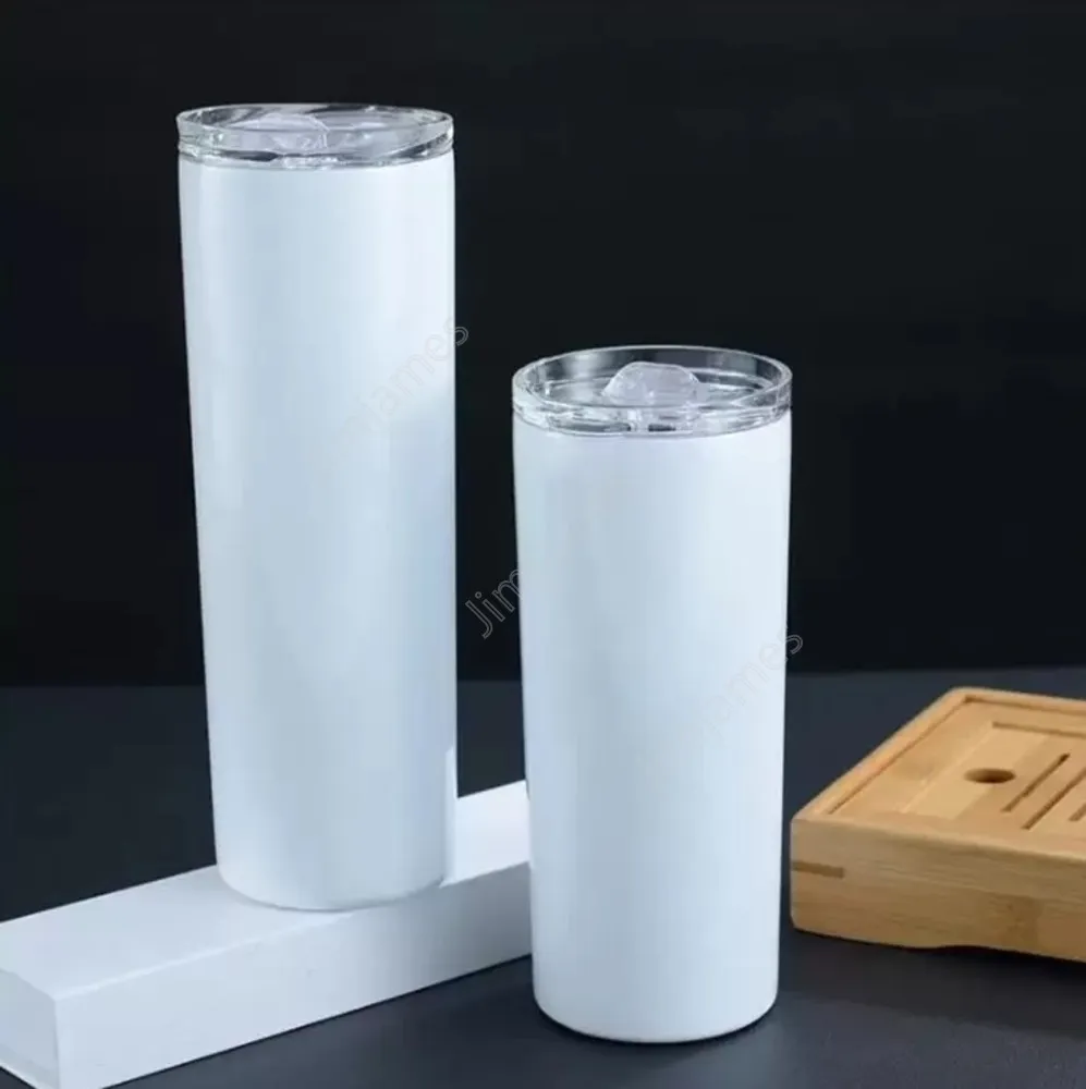 Süblimasyon Düz Sıska Tumbler 20oz boş beyaz paslanmaz çelik kahve fincan kaplamalı plastik saman yalıtımlı vakum su şişesi deniz nakliye 1000lots daj471