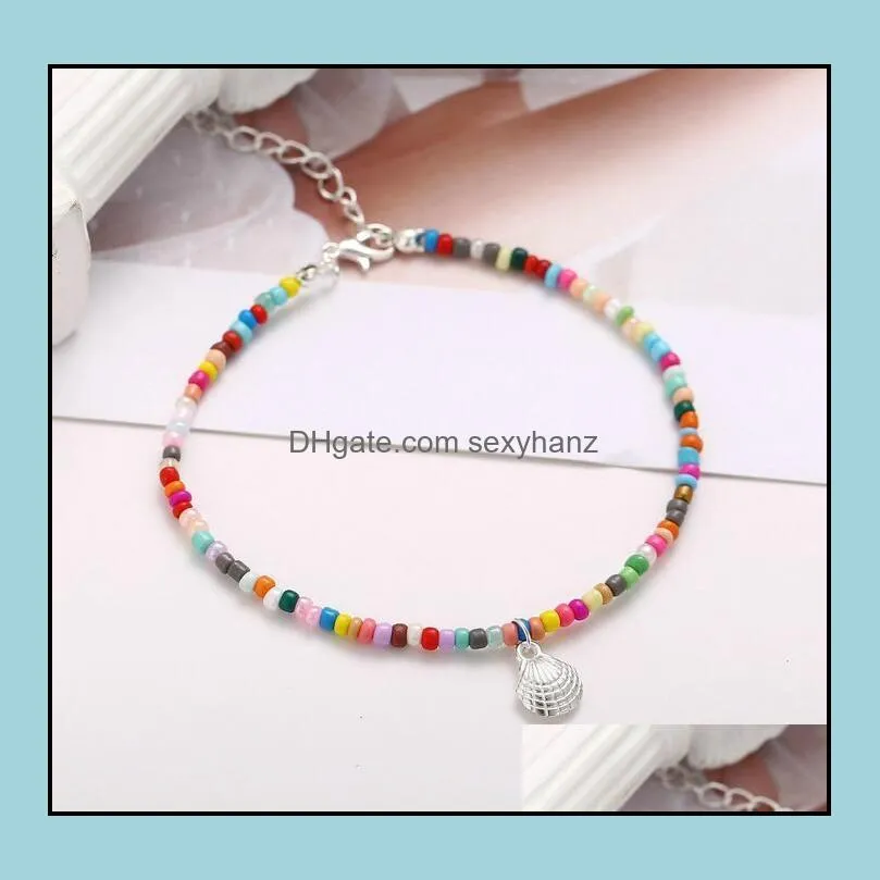 Bohemian Style Color Beaded Anklet Retro Alloy Scallop Pendant Foot Chain Beach Footwear for Women Girls gift Wholesale