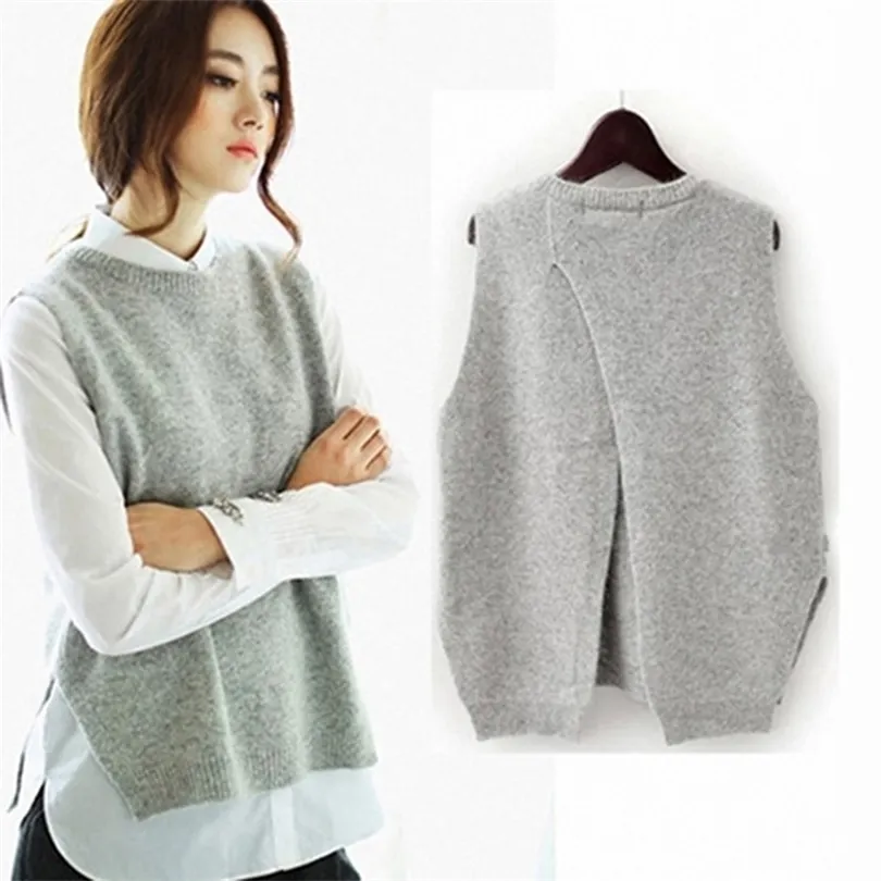 Autumn Cashmere Sweter kamizelka kobiet bez rękawów na tylnym krzyżu split dziesiąt kamizelka pullover skoczek pull femme t200319