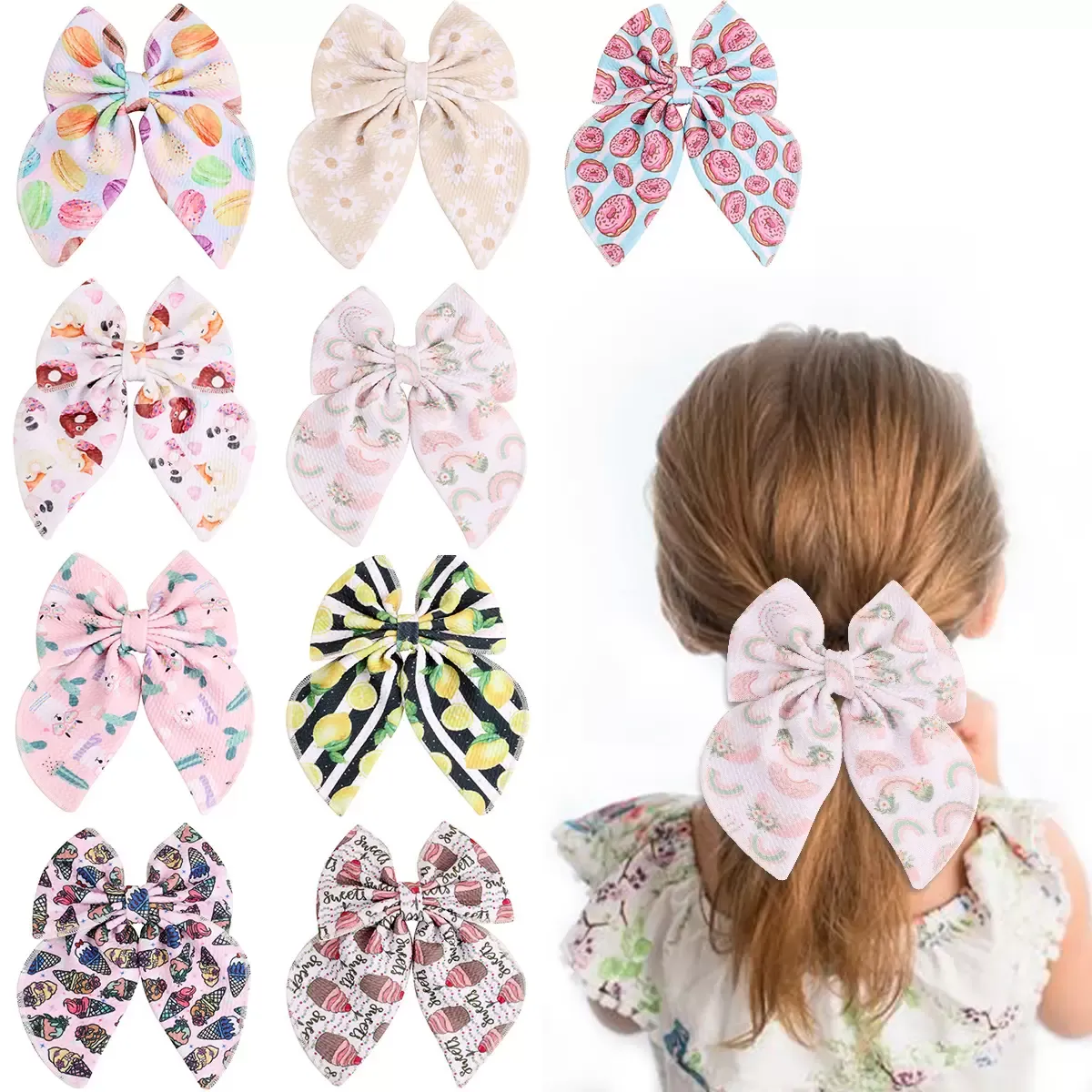 Boutique Flower Printed Bow Girls Hairn Pins Big Bowknot Hair Clips for Girls