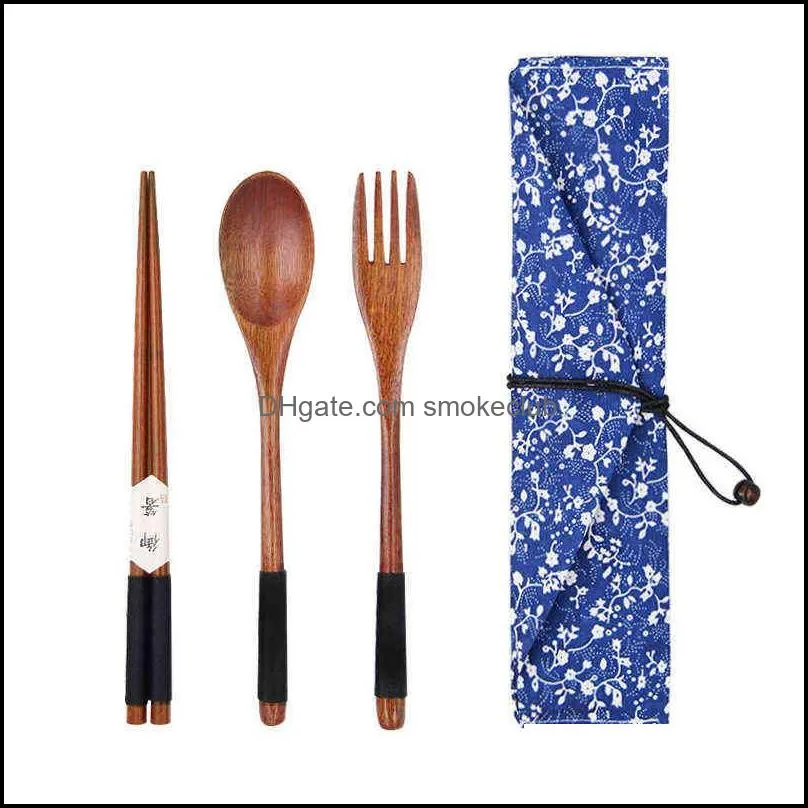 Tableware Portable Wood Wooden Cutlery Sets Travel Dinnerware Suit Environmental with Cloth Pack Gifts Set 0221