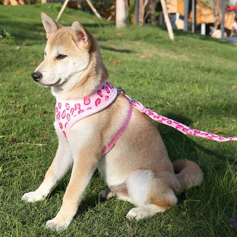 Colliers pour chiens Laisses Harnais pour animaux de compagnie mignon Ensemble de laisse Léopard Réglable 2 Taille Rose Gilets de contrôle de sécurité Porte-chat Laisses pour fournitures pour chiotsChien