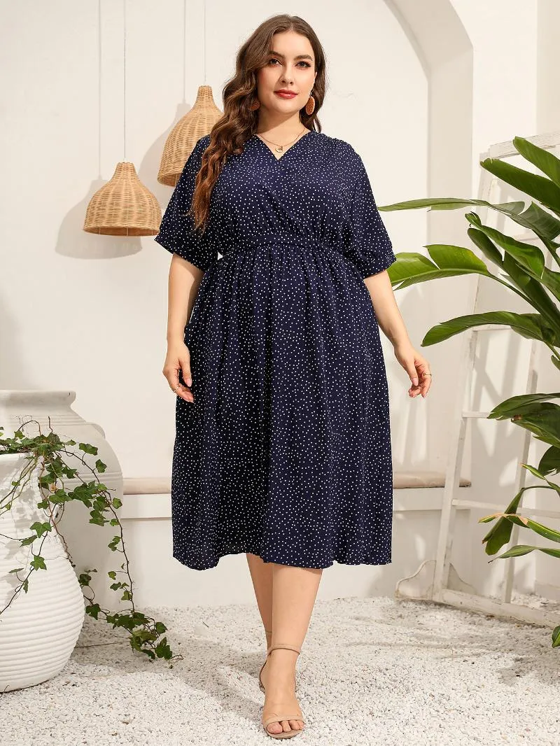 Plus Size Dresses 5XL Summer Woman 2022 V Neck Short Sleeve Dot Print Casual Dress Pockets Maxi Long DressesPlus