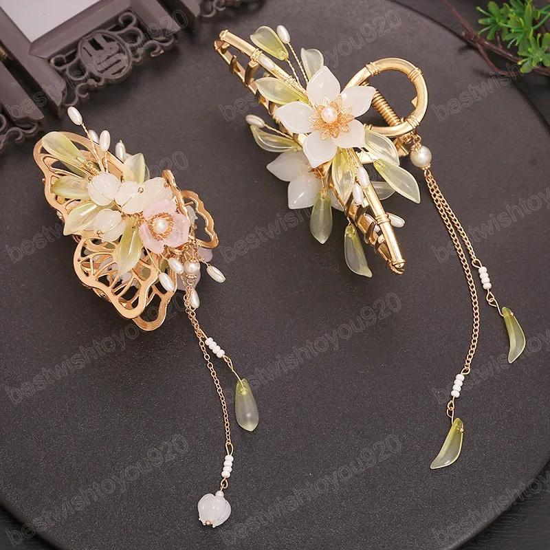 Fashion Flower Butterfly Tassel Crab Hair Clip Claw Hanfu Accessories For Women Girl Flower Pearl Clamp