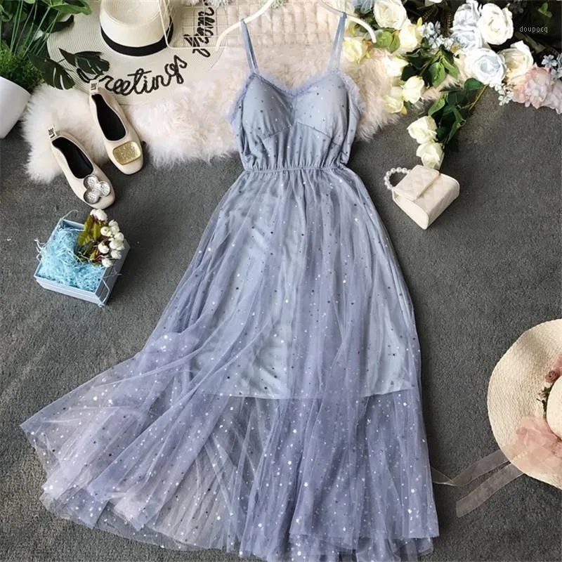 Casual Dresses FMFSSOM TULLE V-HECK SEXY SEKUMENT KVINNA POST Party Dress 2022 Summer Women Mesh Patchwork Black