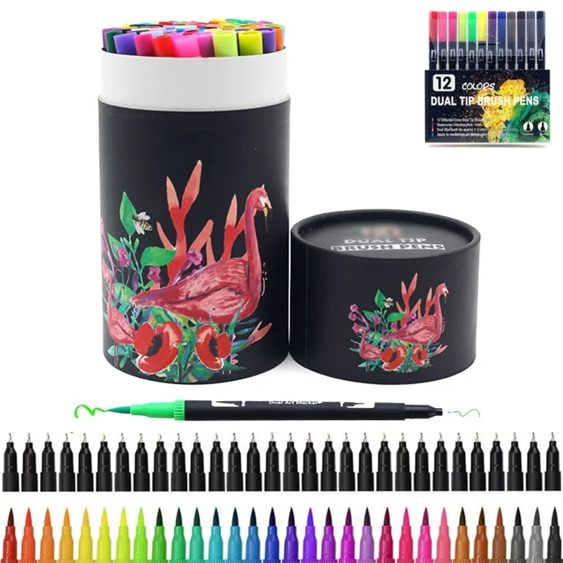 12/24/60/100/132 kleuren FineLiner Tekening Schilderen Art Markers Pen Aquarel Dual Tip Brush pen Kalligrafie Schoolbenodigdheden 220420