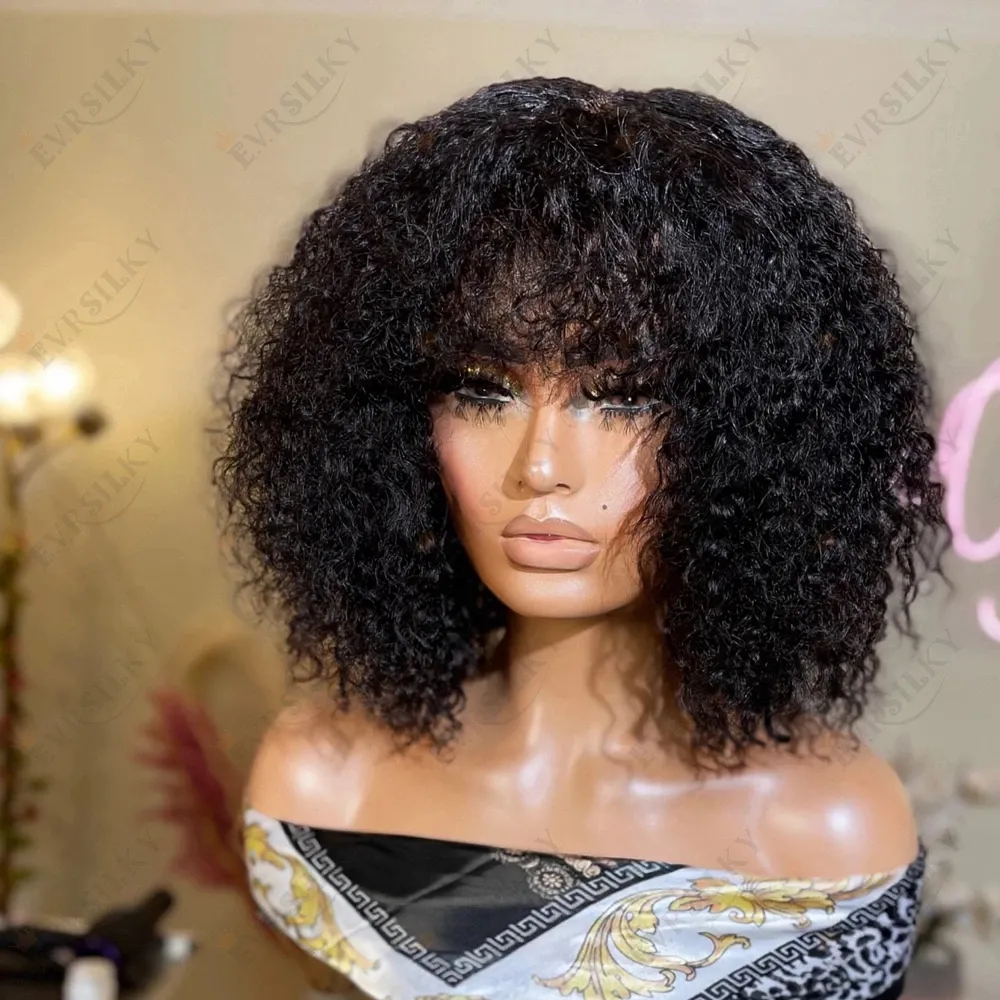 Afro Kinky Curly Human Hair Wig와 BANG PERUVIAN Remy 250 밀도 천연 기계 만들기 프린지 두피 상단 가발 흑인 여성을위한 글루없는 실크베이스