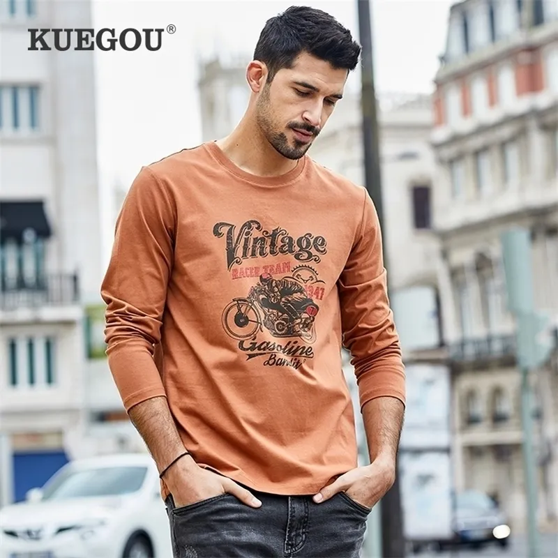Kuegou 100% algodão masculina camiseta de manga longa Moda de mola de lazer