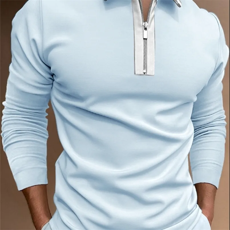 أوروبا حجم الصلبة اللون الرجال قمصان بولو الخريف عارضة الأزياء طويلة الأكمام بولس بدوره أسفل طوق السوستة تيز الرجال القمصان 220411