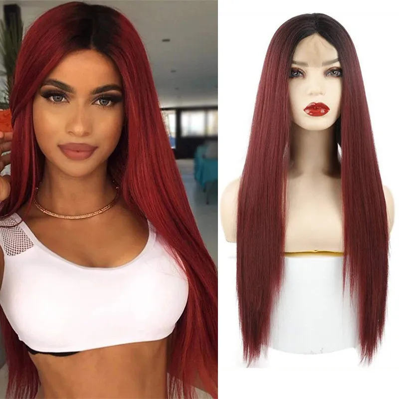 6Color New Women's Long black & Red wine Straight Front full lace Handmade Party hair wigs