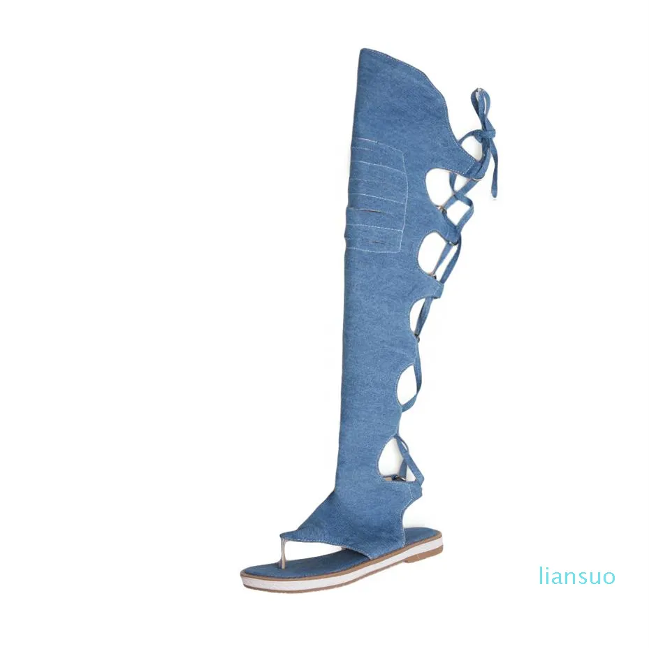 Women Sandals Flat Beach Shoes Denim Sandals Lace Up Knee High Gladiator Summer Boots Sexy Fashion Casual Black Blue Beige