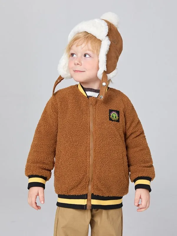 Peuter jongens patch detail zip-up gestreepte trim teddy bomberjack zij