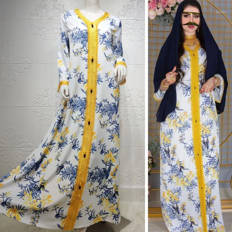 Etniska kläder marockanska blommor tryck kvinnor dubai abaya muslim maxi klänning long kaftan kalkon kaftan islamisk eid ramadan jalabiya klänning