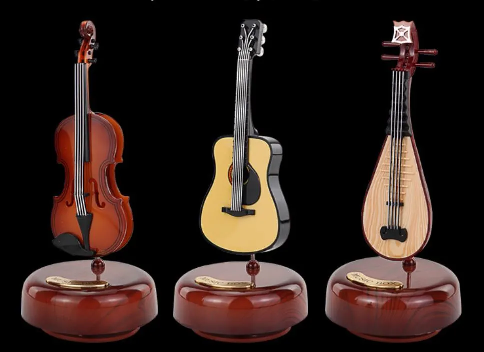 ヴィンテージハート型の音楽箱、バイオリンギター、ミニチュアアート