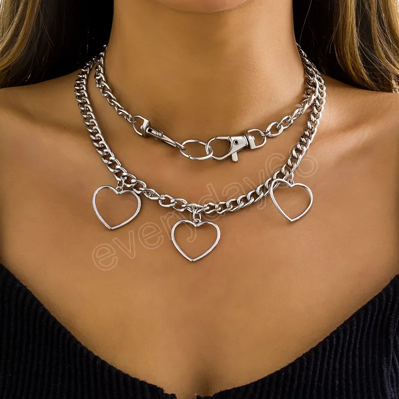 Anneau de verrouillage ouvert pendentif coeur creux collier pour femmes mode Hip Hop menottes chaîne épaisse collier en couches bijoux