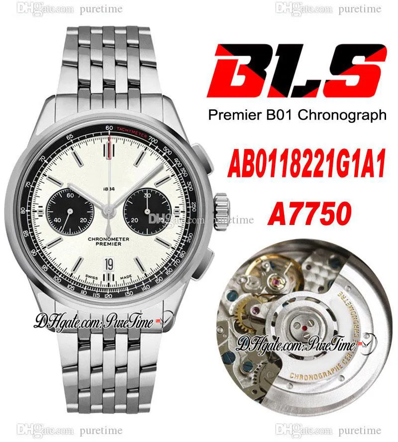 Bls Premier B01 42mm ETA A7750 Automatic Chronograph Mens relógio de aço branco preto dial pau pulseira de aço inoxidável ab0118221b1a1 super edição puretime 04f6