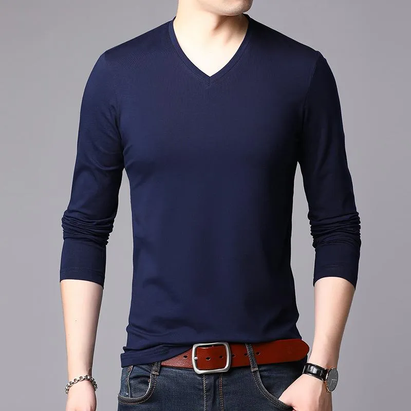 Men's T-Shirts Fashion Brand Designer Plain 95% Cotton 5% Spandex Black T Shirt Men In Bulk Long Sleeve V Neck Tops Casual Mens ClothingMen'