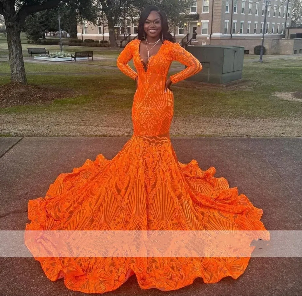 Vestidos De graduación De sirena naranja De lujo 2022 para niñas negras De manga larga De lentejuelas brillantes vestido De fiesta De cumpleaños vestido De noche bata De Bal