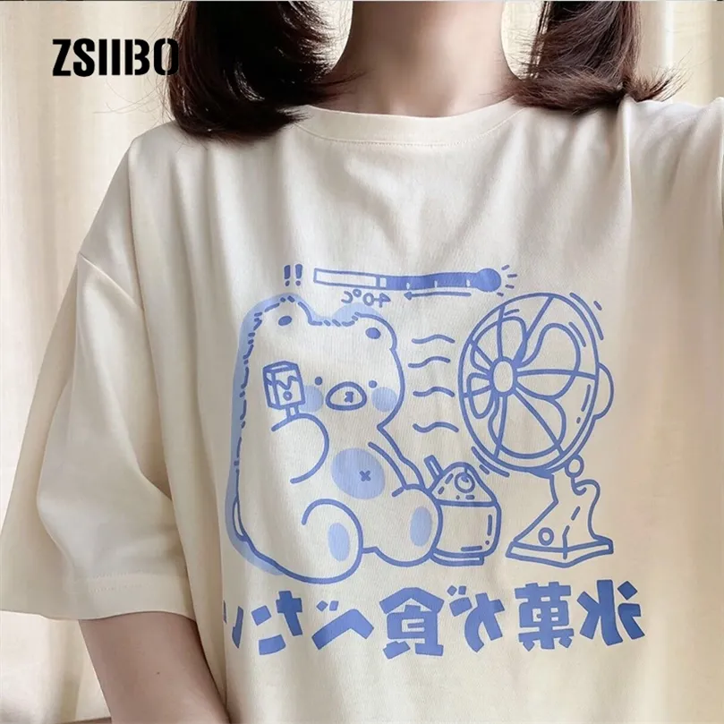 Japon harajuku kawaii üstleri sevimli tatlı ayı mektubu pamuk tshirt kısa süreli gündelik büyük boy karikatür tees ulzzang tshirt 220527