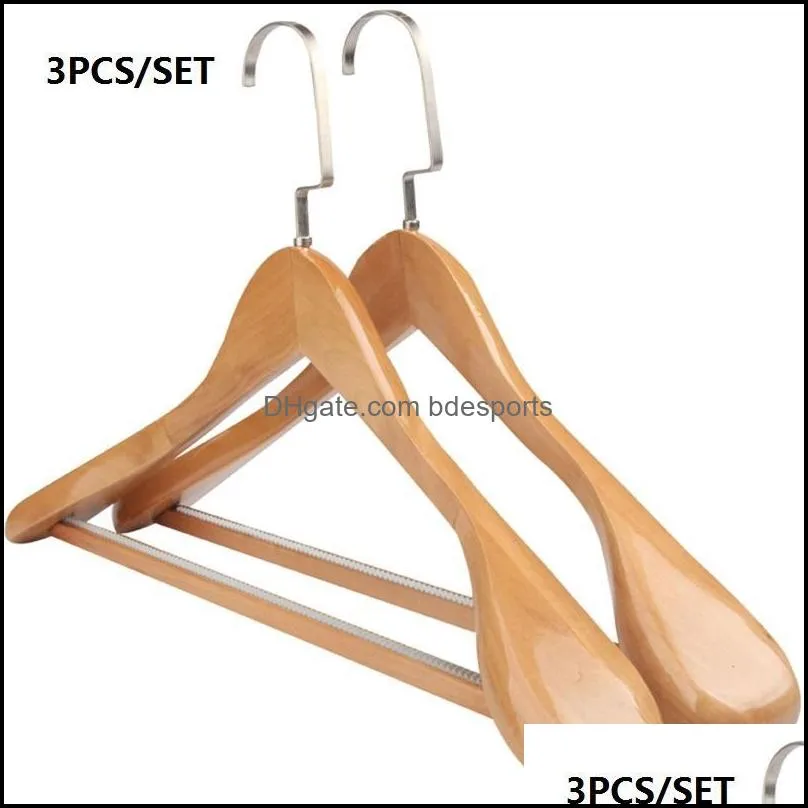 3Pcs/set Adult Extra-Wide Solid Wood And Metal Hook Wooden Hangers With Notches Non-slip For Clothes W4029 & Racks