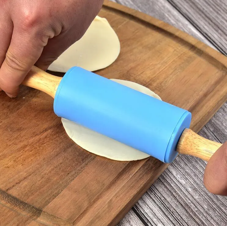 Silicone Rolling Pin for Pizza Cookie Baking Non Stick Surface Wooden Handle Dough Rollers Kitchen Tools