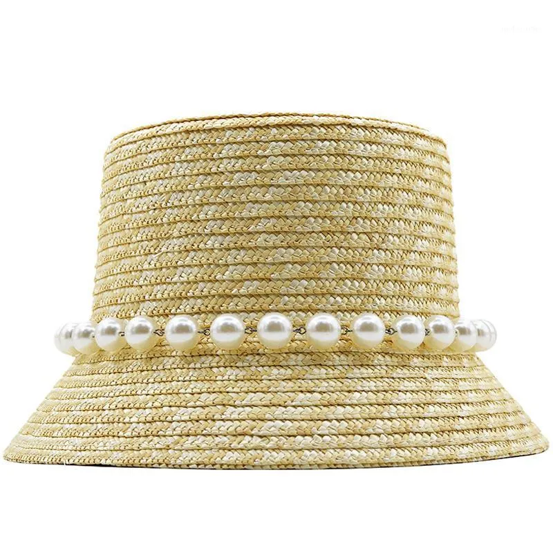 Caps Hüte handgefertigte Sommer für Frauen Damen Sonnenhut Big Perlkette Beige Stroh Adjuatble Strand weit kranken Kentucky Derby