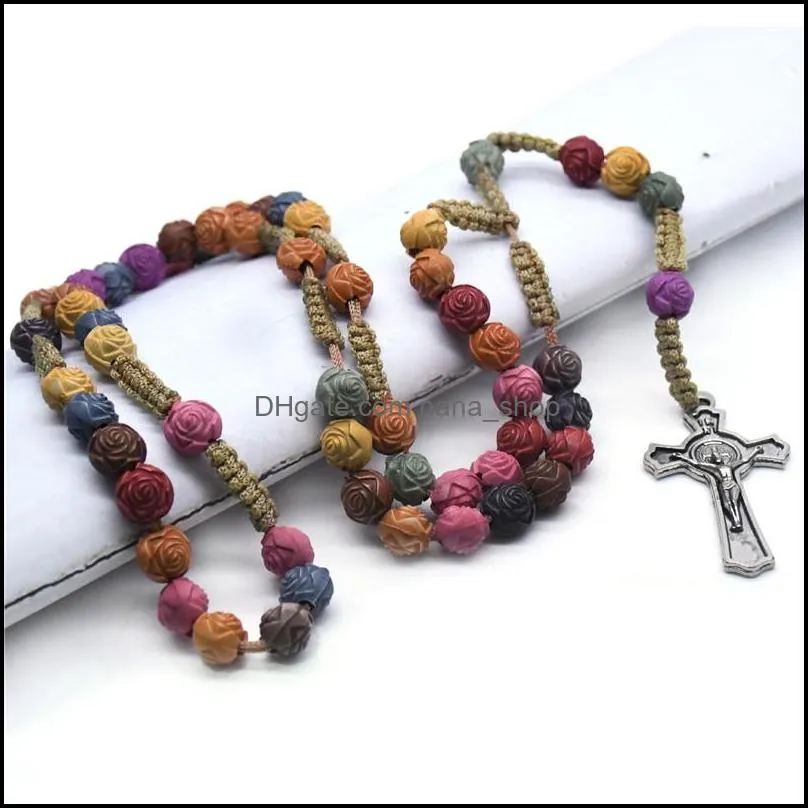 Rose Bead Colored Cross Rosary Necklace Christ Jesus Religious Handmade Christian Prayer Jewelry