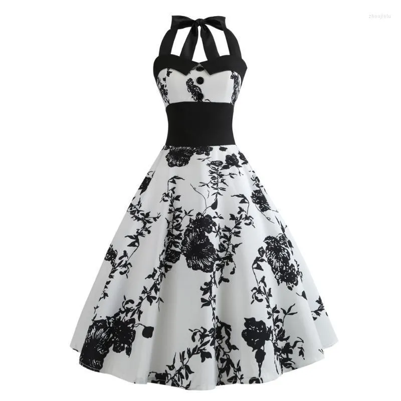 Casual klänningar Hög midja blommig tryckklänning Kvinnor 50 -talsstil Pinup Vintage Party Halter Backless spetsar upp Slim Vestidos #4