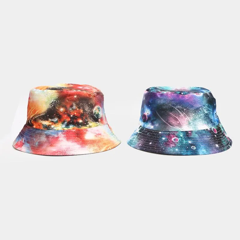 Berets Unisex Harajuku Bucket Hat Starry Sky Printing The Milky Way Reversible Fisherman Cap Outdoor Fishing