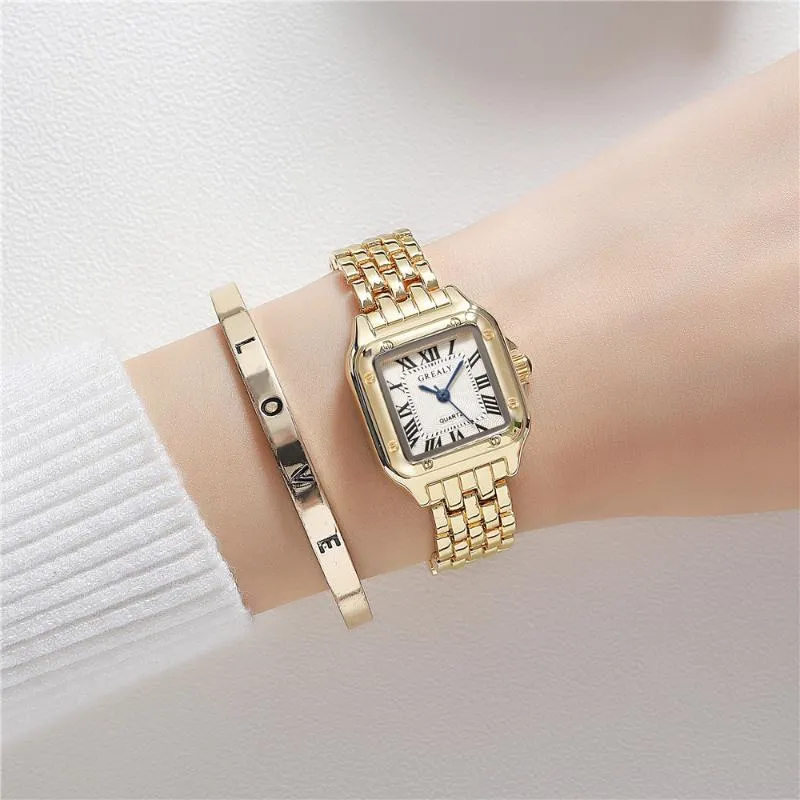 Armbandsur lyxiga kvinnors mode kvadrat klockor guldlegering rem damer kvarts kvaliteter kvinnliga romerska skala clockwristwatches