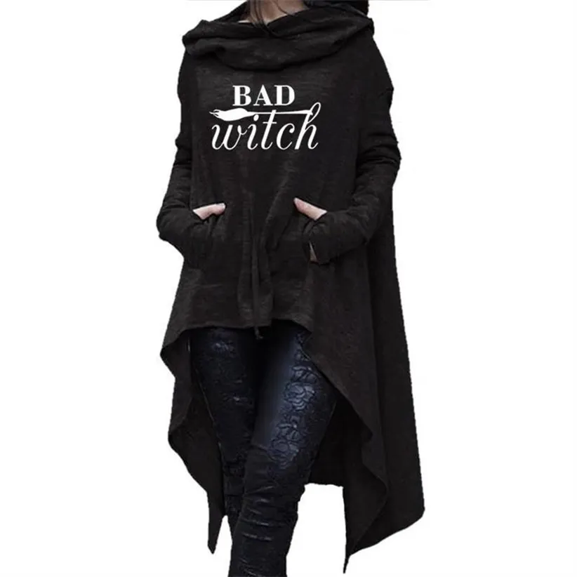여성용 후드 긴 불규칙한 나쁜 마녀 탑 카와이 Femmes 스웨터 패턴 재미있는 면화 자른 대형 후드 드레스 220324