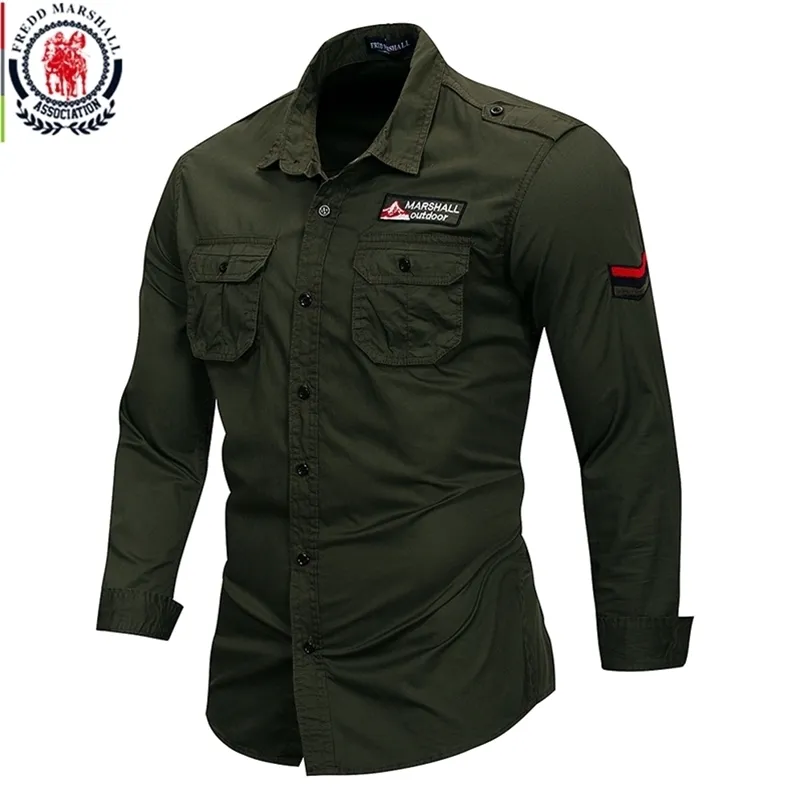 Fredd Marshall 100% Cotton Military Shirt Men Long Sleeve Casual Dress Shirt Male Cargo Work Shirts With Embroidery 115 220401