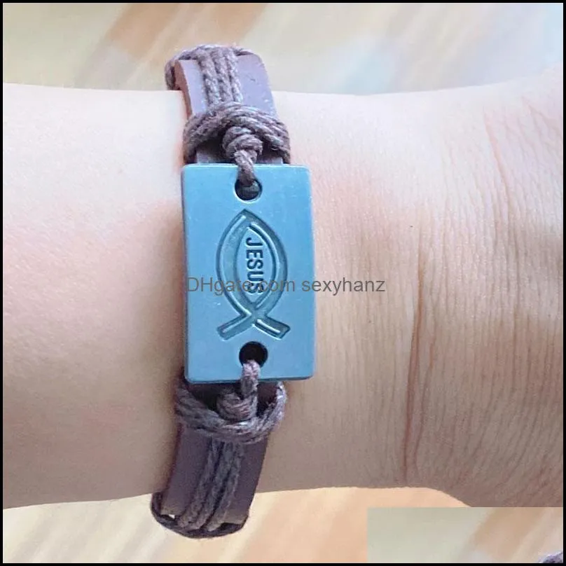 fashion brown leather rope braided handmade jesus charm bracelets jewerly punk bangle for women men unisex