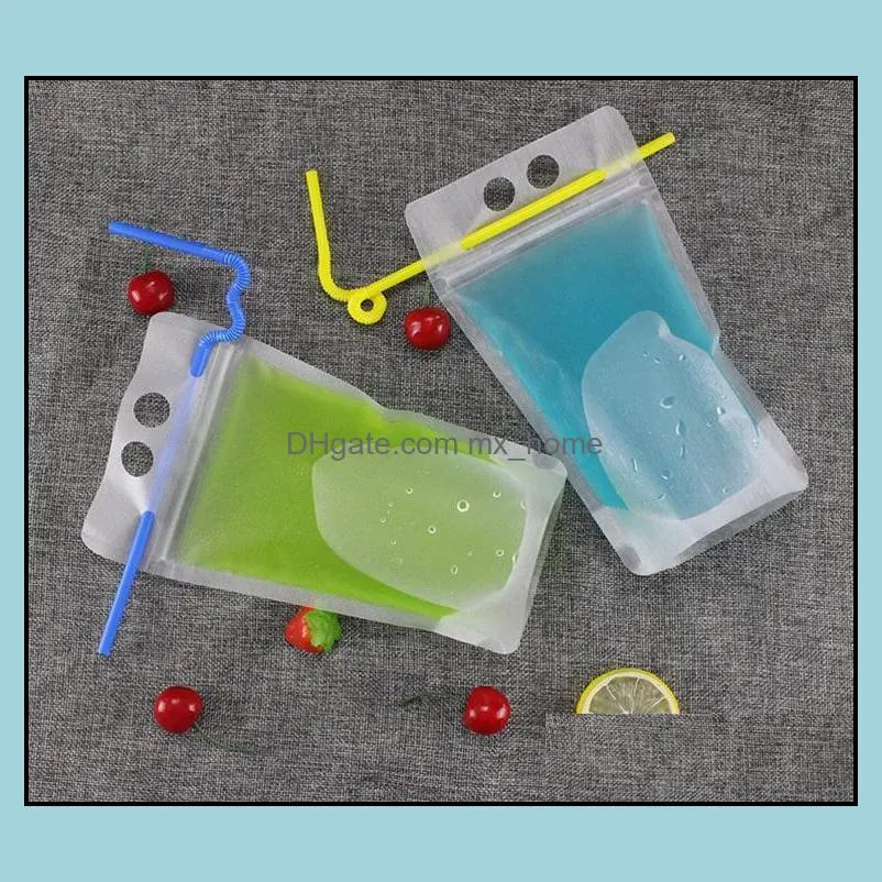 Self-sealed Transparent Plastic Shing! Straw Milk For 500ml Style Drink Juice For Handle Dhl Beverage Packaging Pouch And 4 Holes