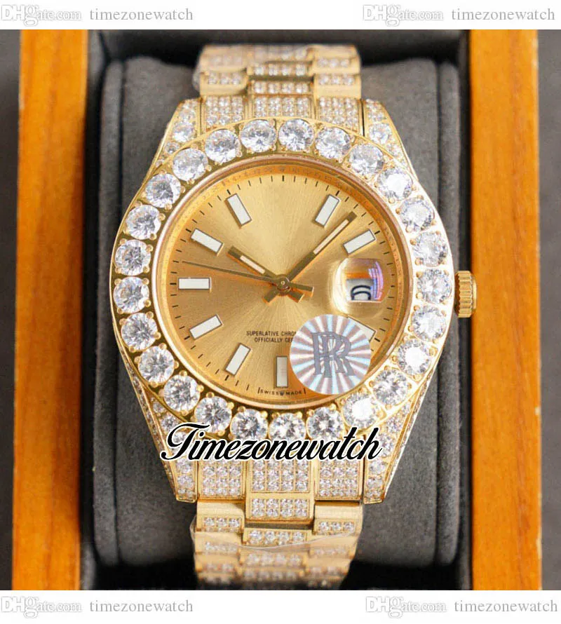 RF 42mm A2813 Automatisk herrklocka 18K Yellow Gold Paled Big Diamond Case Champagne Stick Dial Diamonds Oystersteel Armband Smycken Watches TimeZoneWatch F10H8