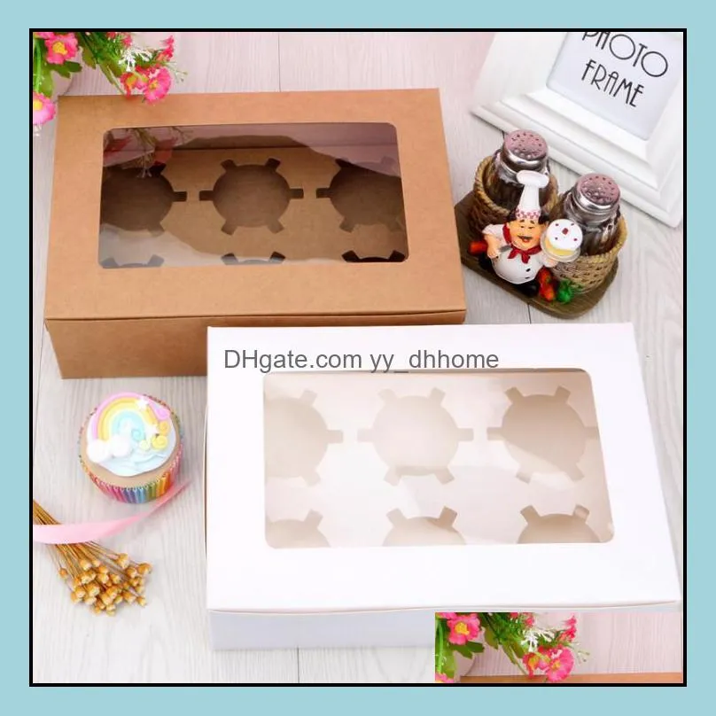 windowed cupcake boxes white brown kraft paper box gift packaging for wedding festival party 6 cup cake holders sn3864