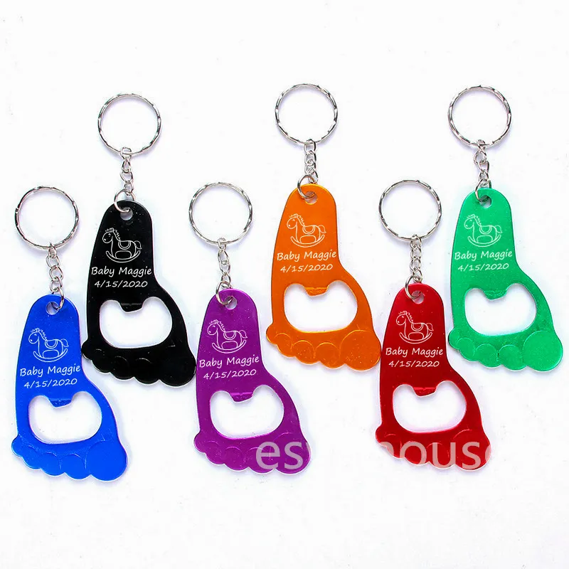 Pocket Key Chain Beer Bottle Opener Baby Foot Shaped Keyring Bottles Opener Kön avslöjar spädbarnsdusch favoriter