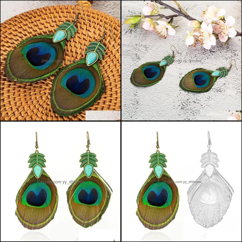 Ethnic Retro Leaves Green Leaf Dangle Earrings Nature Stone Long Tassel Peacock Feather Earring For Women Brincos