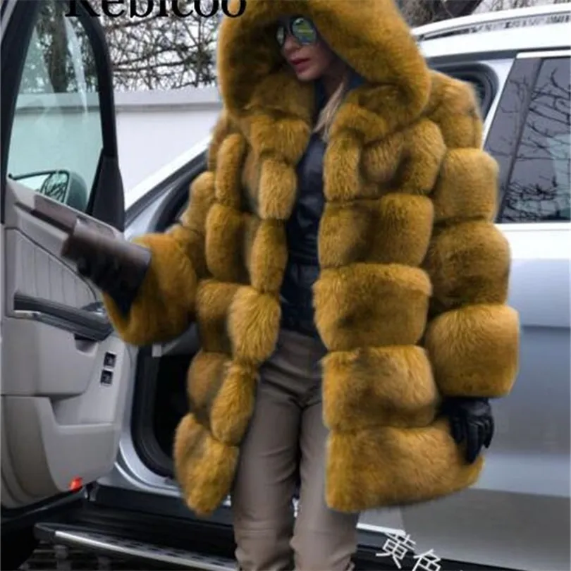 Новая мода женская верхняя часть пальца длинные имитированные шерсть с капюшоном с капюшоном плюс размер Женская зимняя одежда дамская меховая пальто T200915