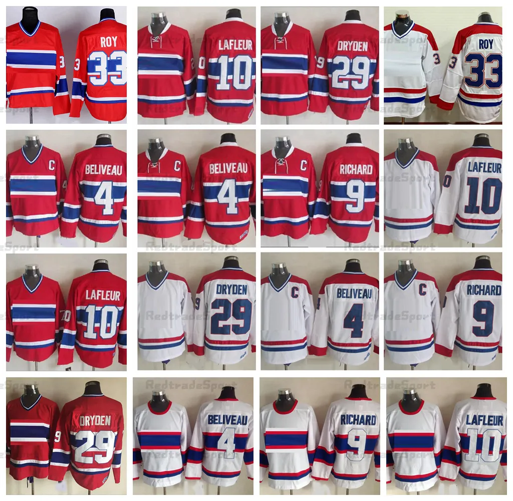 Chandails de hockey vintage Mi08 4 Jean Béliveau 9 Maur Richard 10 Guy Lafleur 29 Ken Dryden 33 Patrick Roy Maillot rétro classique Chemises cousues rouges et blanches