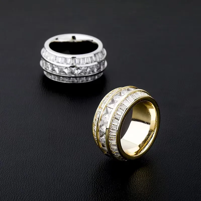 Ice Out Gold Three Baguette Rings with Size Stones For Men Cubic Zircon Fashion Rock Street Ring Hip Hop Jewelry