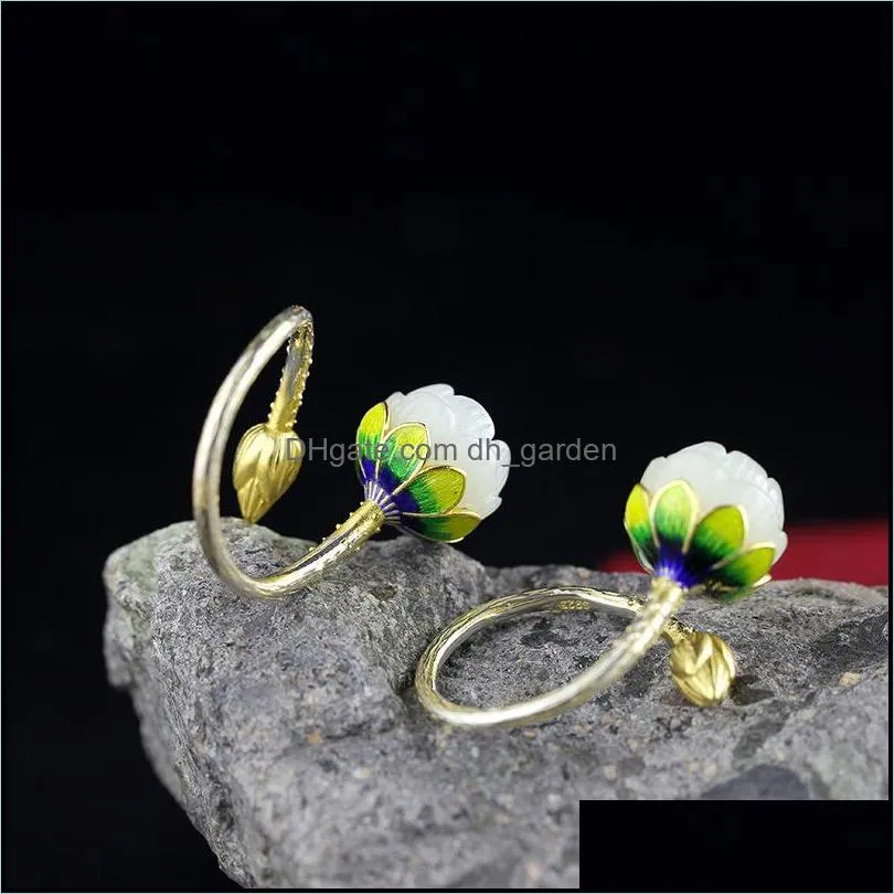 925 Sterling Silver Lotus Ring With White Jade For Women Natural Stone Vintage Cloisonne Open Rings