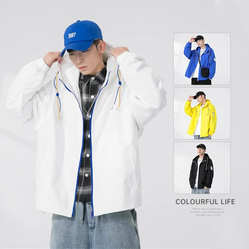 Men's Jackets Spring And Autumn Loose Casual Sports Jacket Wild Hooded Windbreaker Top Brand Large Size Men's Black White Blue YellowMen