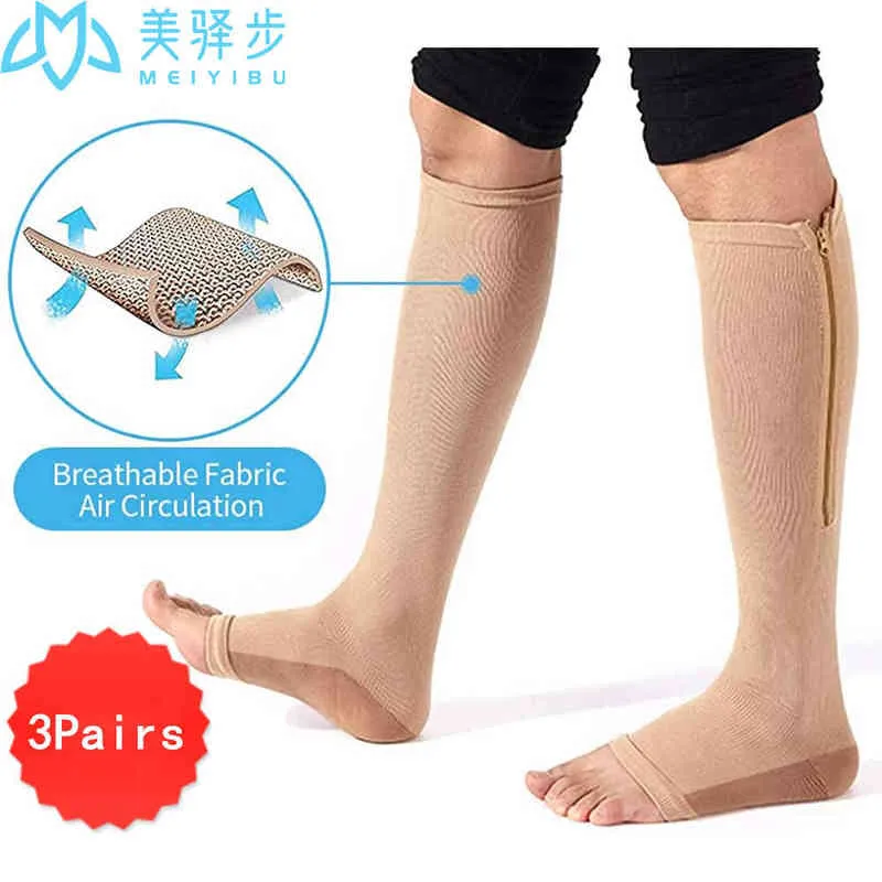 3 par Copper Zipper Compression Socks Toeless For Women Män 20-30 mmHg åderbråck resor kör strumpor l220714