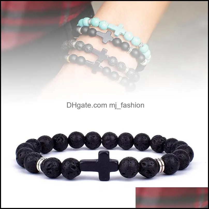 Fashion Jesus Cross Charm Strands Bracelets Men Nature Lava Stone 8mm White Beads Bracelets Prayer Reiki Bangles for Women Yoga