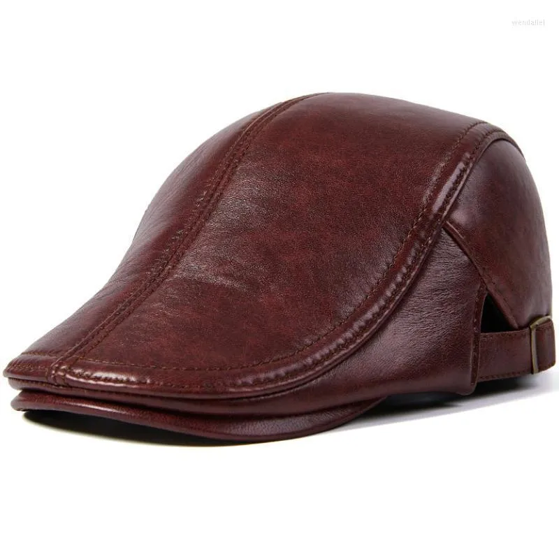 Bérets de haute qualité en cuir véritable chapeau hommes automne hiver béret casquette artiste peintre mâle Ivy Sboy casquette plateBérets Wend22