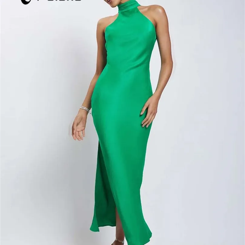 Cnyishe Summe Sexy Long Dress femme elegancka szczupła z ramion Backless Party Club Maxi sukienki kobiety swobodne sukienki zielone vestido 220511