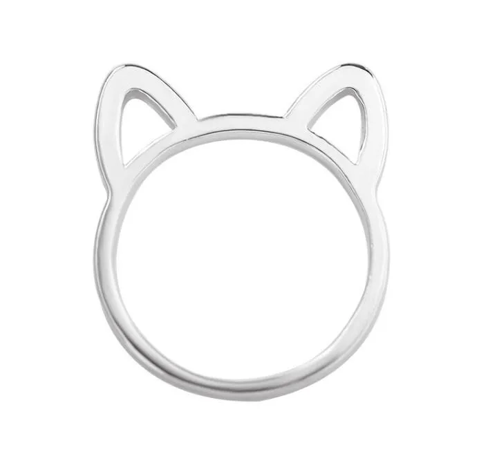 925 Kvinnor Silverringar Enkelt mode Söt kattörördesign Fingerring svart guldpläterad kattsmyckesgåva