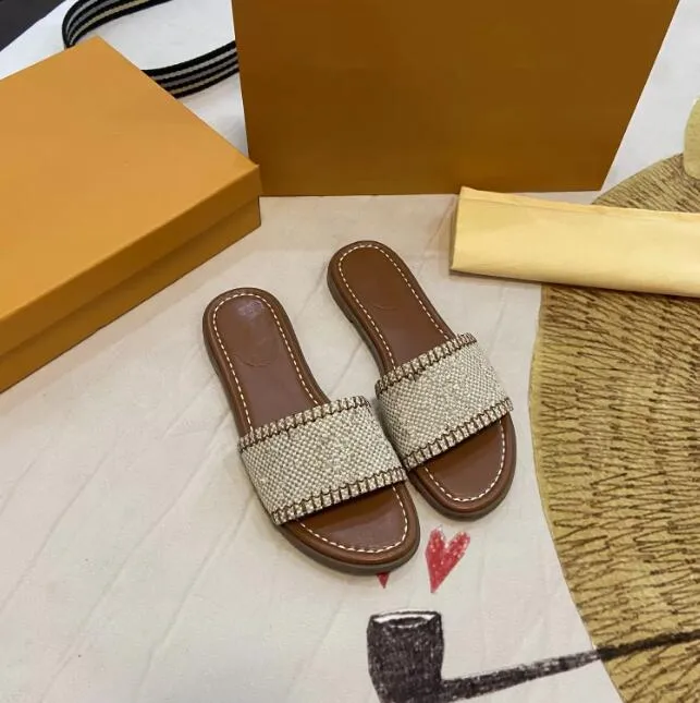 Mode kvinna tofflor vackra scuffs skor sommar strand glidor tjejer platt slipper damer flip flops loafers stickad broderi 01