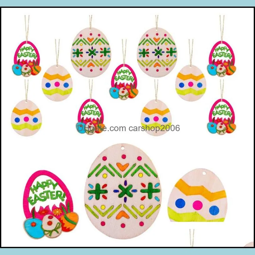 easter party home decorations pendant 10pcs diy carved wooden egg hanging pendants ornaments creative wooden craft party favors